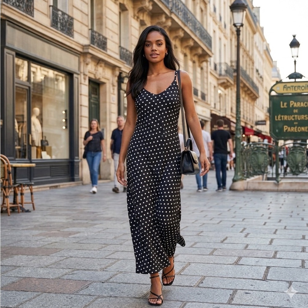 Boohoo Polka Dot Strappy Maxi Cami Dress V-neck Spaghetti Straps Size 10 NWT